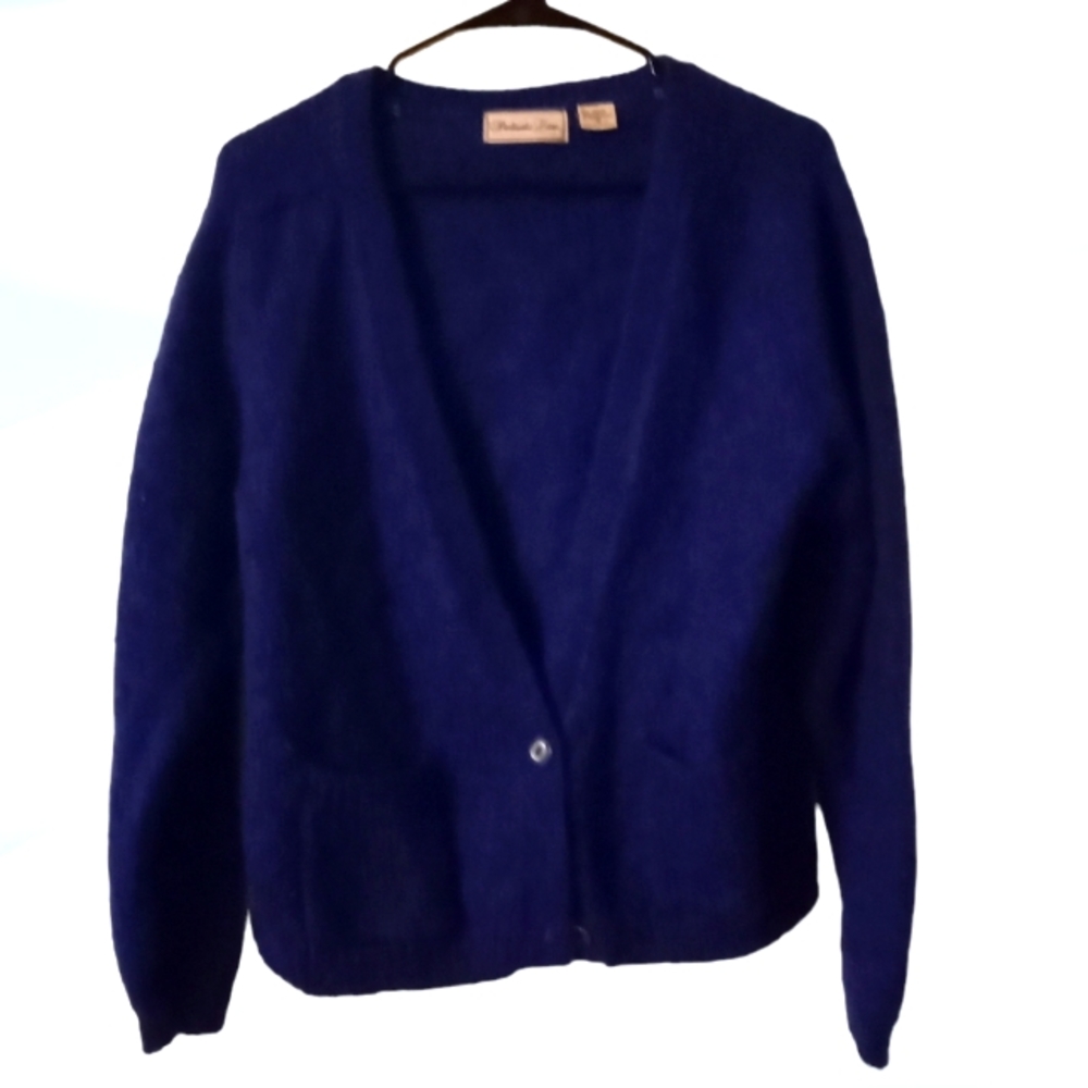 ∆-Penbrooke Lane Jewel Blue Mohair Cardigan Sweater- Size Medium-Vintage -1980s